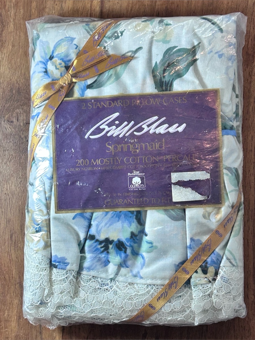 Vintage Bill Blass For Springmaid 2 Blue Floral Standard Pillowcases with Lace